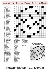 
American-style crossword puzzle game with a 15 x 15 squares. Includes blank crossword grid, include clues, with solution.