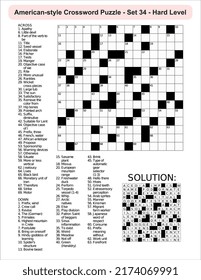 
American-style crossword puzzle game with a 15 x 15 squares. Includes blank crossword grid, include clues, with solution.