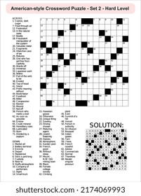 
American-style crossword puzzle game with a 15 x 15 squares. Includes blank crossword grid, include clues, with solution.