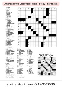 
American-style crossword puzzle game with a 15 x 15 squares. Includes blank crossword grid, include clues, with solution.