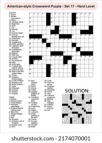 
American-style crossword puzzle game with a 15 x 15 squares. Includes blank crossword grid, include clues, with solution.