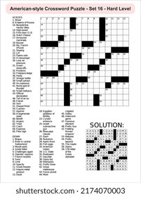 
American-style crossword puzzle game with a 15 x 15 squares. Includes blank crossword grid, include clues, with solution.