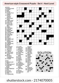 
American-style crossword puzzle game with a 15 x 15 squares. Includes blank crossword grid, include clues, with solution.