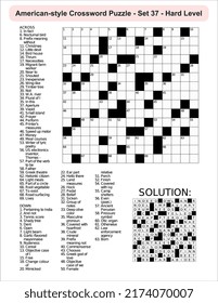 
American-style crossword puzzle game with a 15 x 15 squares. Includes blank crossword grid, include clues, with solution.