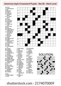 
American-style crossword puzzle game with a 15 x 15 squares. Includes blank crossword grid, include clues, with solution.