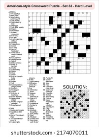 
American-style crossword puzzle game with a 15 x 15 squares. Includes blank crossword grid, include clues, with solution.