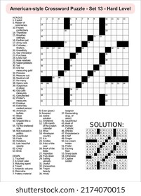 
American-style crossword puzzle game with a 15 x 15 squares. Includes blank crossword grid, include clues, with solution.