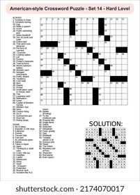 
American-style crossword puzzle game with a 15 x 15 squares. Includes blank crossword grid, include clues, with solution.