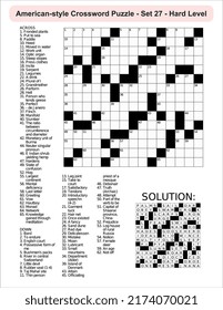 
American-style crossword puzzle game with a 15 x 15 squares. Includes blank crossword grid, include clues, with solution.