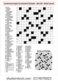 
American-style crossword puzzle game with a 15 x 15 squares. Includes blank crossword grid, include clues, with solution.