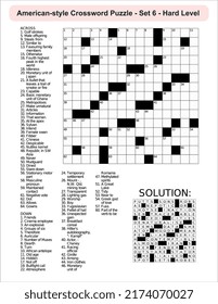 
American-style crossword puzzle game with a 15 x 15 squares. Includes blank crossword grid, include clues, with solution.