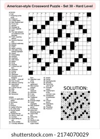 
American-style crossword puzzle game with a 15 x 15 squares. Includes blank crossword grid, include clues, with solution.