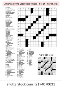 
American-style crossword puzzle game with a 15 x 15 squares. Includes blank crossword grid, include clues, with solution.