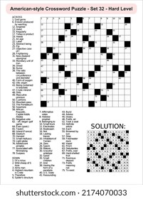 
American-style crossword puzzle game with a 15 x 15 squares. Includes blank crossword grid, include clues, with solution.