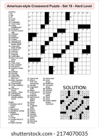 
American-style crossword puzzle game with a 15 x 15 squares. Includes blank crossword grid, include clues, with solution.