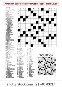 
American-style crossword puzzle game with a 15 x 15 squares. Includes blank crossword grid, include clues, with solution.