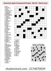 
American-style crossword puzzle game with a 15 x 15 squares. Includes blank crossword grid, include clues, with solution.