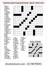 
American-style crossword puzzle game with a 15 x 15 squares. Includes blank crossword grid, include clues, with solution.