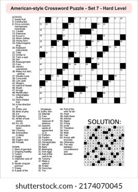 
American-style crossword puzzle game with a 15 x 15 squares. Includes blank crossword grid, include clues, with solution.