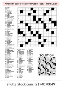 
American-style crossword puzzle game with a 15 x 15 squares. Includes blank crossword grid, include clues, with solution.