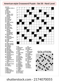 
American-style crossword puzzle game with a 15 x 15 squares. Includes blank crossword grid, include clues, with solution.