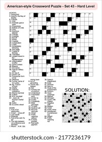 American-style crossword puzzle game with 15 x 15 squares. Includes blank crossword grid, have clues, with the solution.