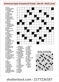 American-style crossword puzzle game with 15 x 15 squares. Includes blank crossword grid, have clues, with the solution.