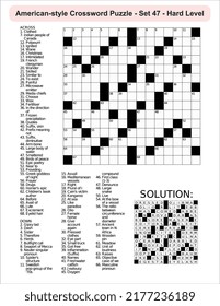 American-style crossword puzzle game with 15 x 15 squares. Includes blank crossword grid, have clues, with the solution.