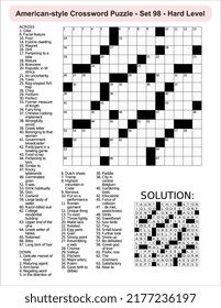 American-style crossword puzzle game with 15 x 15 squares. Includes blank crossword grid, have clues, with the solution.