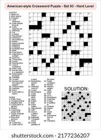 American-style crossword puzzle game with 15 x 15 squares. Includes blank crossword grid, have clues, with the solution.