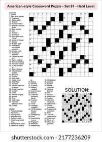 American-style crossword puzzle game with 15 x 15 squares. Includes blank crossword grid, have clues, with the solution.