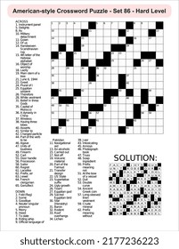 American-style crossword puzzle game with 15 x 15 squares. Includes blank crossword grid, have clues, with the solution.