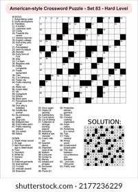 American-style crossword puzzle game with 15 x 15 squares. Includes blank crossword grid, have clues, with the solution.