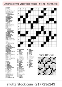 American-style crossword puzzle game with 15 x 15 squares. Includes blank crossword grid, have clues, with the solution.