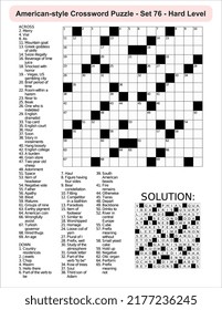 American-style crossword puzzle game with 15 x 15 squares. Includes blank crossword grid, have clues, with the solution.