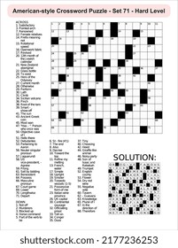 American-style crossword puzzle game with 15 x 15 squares. Includes blank crossword grid, have clues, with the solution.