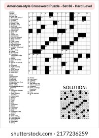 American-style crossword puzzle game with 15 x 15 squares. Includes blank crossword grid, have clues, with the solution.