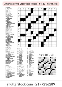 American-style crossword puzzle game with 15 x 15 squares. Includes blank crossword grid, have clues, with the solution.