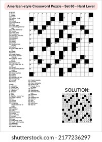 American-style crossword puzzle game with 15 x 15 squares. Includes blank crossword grid, have clues, with the solution.