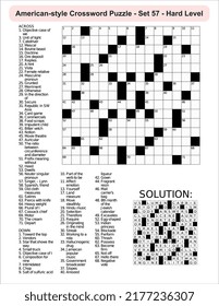 American-style crossword puzzle game with 15 x 15 squares. Includes blank crossword grid, have clues, with the solution.