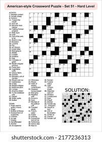 American-style crossword puzzle game with 15 x 15 squares. Includes blank crossword grid, have clues, with the solution.