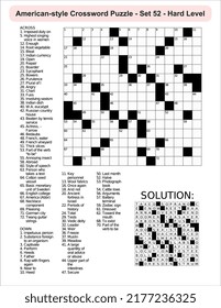 American-style crossword puzzle game with 15 x 15 squares. Includes blank crossword grid, have clues, with the solution.