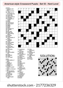 American-style crossword puzzle game with 15 x 15 squares. Includes blank crossword grid, have clues, with the solution.