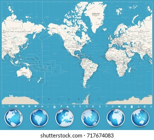 Americas Centered World Map and Glossy Globes. Vector illustration.