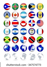 Americas country flags web buttons with globes.Badge Magnets flags.