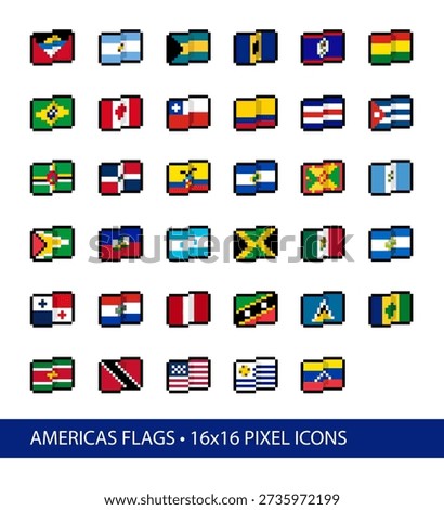 Americas Flags Pixel Art Vector Icons 16x16. Set of 30+ stylized, simplified, abstract pixel interpretations of flag designs in common use at the time of creation (2026).
