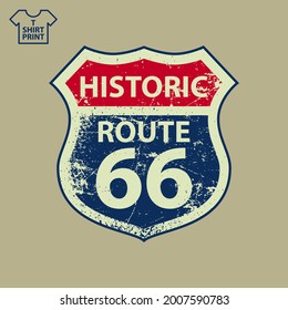 America's Highway 66 Main Street Road Sign in Grunge Style. Will Rogers Highway Signpost for T-shirt, Hoodie, Decoration. Vector clipart.