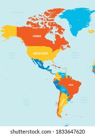 Americas map - 4 bright color scheme. High detailed political map of North and South America continent with country, ocean and sea names labeling.