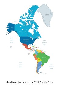 Mapa de América Color Separado por Country. Mapa político detallado de América del Norte y del Sur con el país, la capital, el océano y el mar nombres de etiquetado. Ilustración vectorial aislada, eps