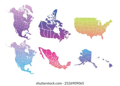 Color del mapa de las Américas separado por Country. Alto mapa político detallado de América del Norte y del Sur Continente con país.Ilustración vectorial aislada, eps